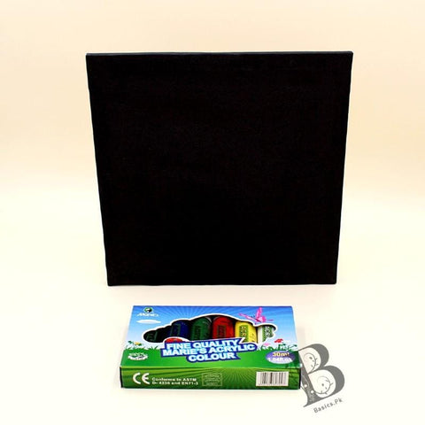 Art Pack MARIES 6 Acrylic Paints [30ml] + Chinese Cloth Canvas 11" x 11" - Black Color - Basics.Pk