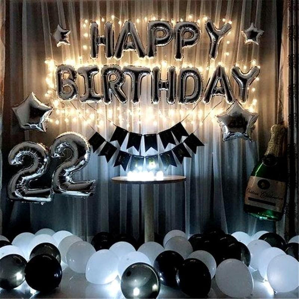 Happy Birthday Balloon set with fairy lights Silver - Basics.Pk
