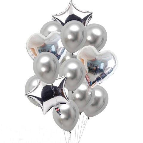 Balloons 6 Metallic + 4 Foil Star & Heart (Pack of 10) SILVER