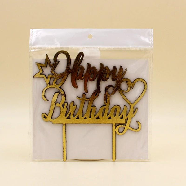 Cake Topper Acrylic  Happy Birthday with Star and Heart - Golden - Basics.Pk