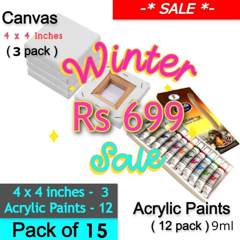 Art Pack of 15 -  12 Acrylic paint + 3 Canvases
