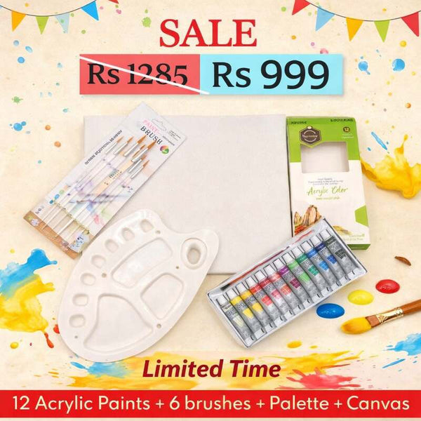 Art Pack of 20 - Acrylic Paint (12ml) + 8x8" Canvas + 6 Transparent Brushes + Pallet