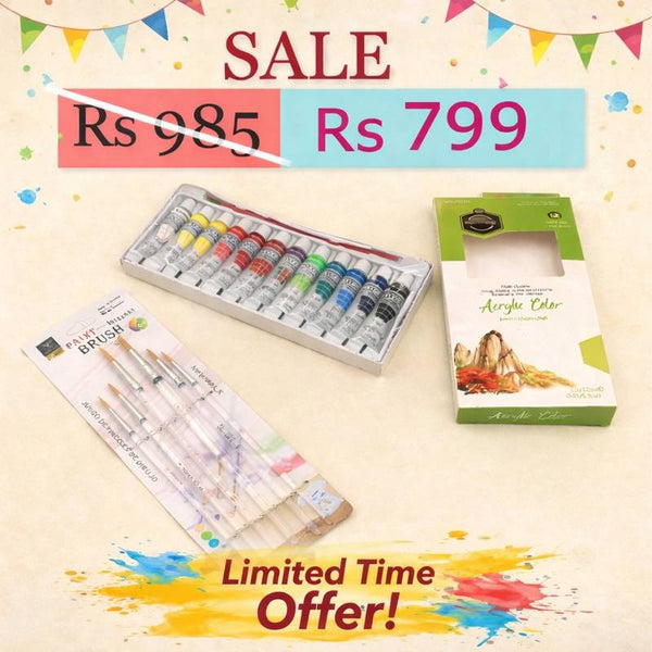 Art Pack of 12 Acrylic Paint (12ml) + Brushes 6pcs Transparent