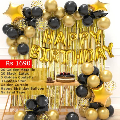 Balloon Bunch - Foil H-Birthday + Metallic Golden + Black Latex + Confetti