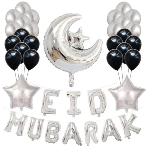 Balloon Bunch Eid Mubarak Silver + Moon-Star + Black-Silver Metallic + Star Balloons
