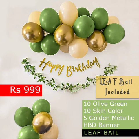 Balloon Bunch - HBD Banner +  5 Metallic + 20 Latex Olive Green Balloons + leaf Bail