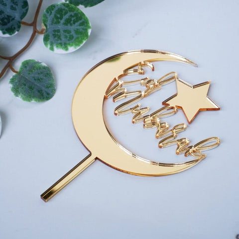 Cake Topper Eid Mubarak Crescent with Star Golden