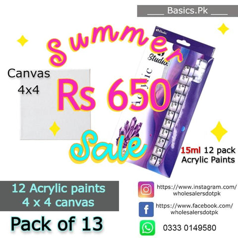 Art Pack of 13 - 12 Acrylic Paint (15ml) + 4x4" Canvas