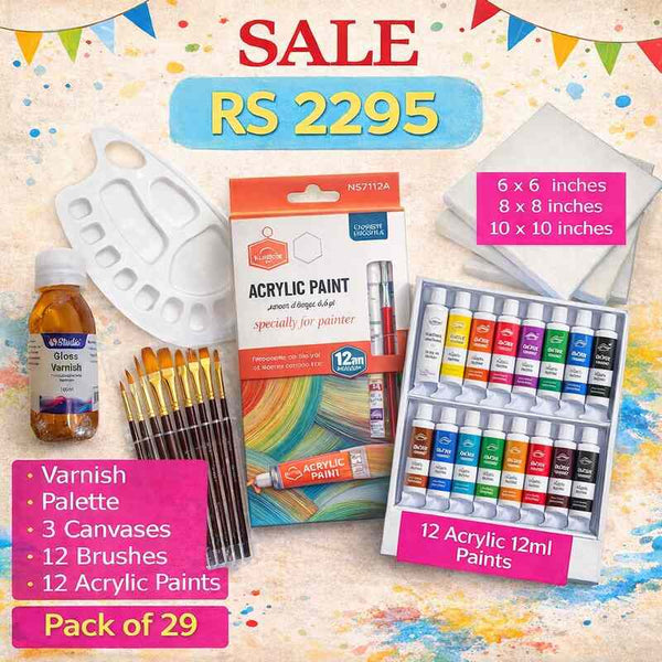 Art Pack of 29 - Acrylic Paint (15ml) + 3 Canvas + 12 pack MIX brushes + Varnish + Palette