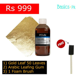 Art Pack of 52 - 50 Golden Leaf Pack + Shell Leafing Glue Gum Arabic + Foam