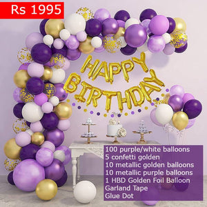 Balloon Bunch - Metallic Golden + Plain Purple & white + Confetti ( pack of 115)