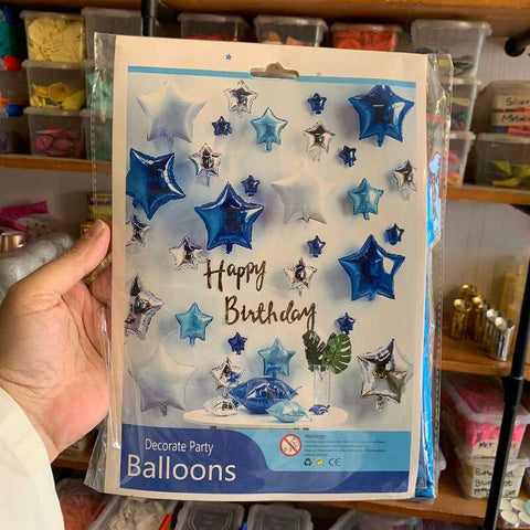 Balloons Bunch BLUE & Silver Small and Big Stars with HBD Banner