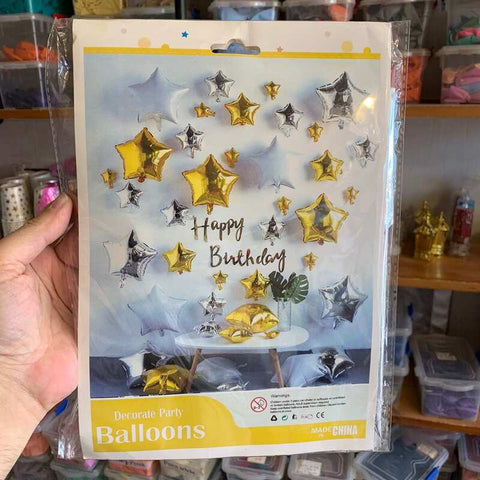 Balloons Bunch Golden & Silver Small and Big Stars with HBD Banner