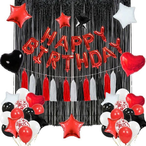HBD Balloon Bunch Black, Red & White Latex Balloon + Confetti Balloon & Tassels