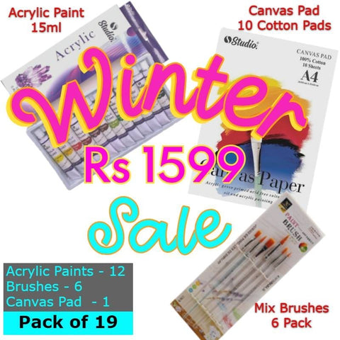 Art Pack of 19 Acrylic Paints (15ml) + Canvas Pad + 6 Pack Brushes