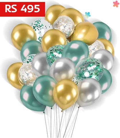 Balloons 15 Metallic + 8 Confetti Balloons + 2 Ribbon  (Pack of 25)