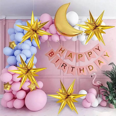 Balloon Bunch - 200 Latex , Moon Foil,  2 StarBurst , 2 Star Foil, Pink banner