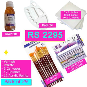 Art Pack of 29 - Acrylic Paint (15ml) + 3 Canvas + 12 pack MIX brushes + Varnish + Palette