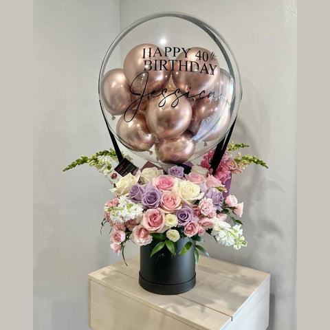 Balloon Baskets (3B) -White Purple & Pink Flowers With Bronze Balloons Happy birthday Custom Writing