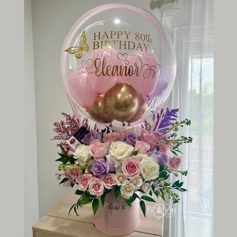 Balloon Baskets (3B) -White Purple & Pink Flowers With Pink & Golden Balloons Happy birthday Custom Writing