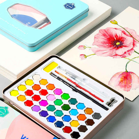Keep Smiling 36 Solid Watercolor Paints With Painting brush and sponge Tin Box Set