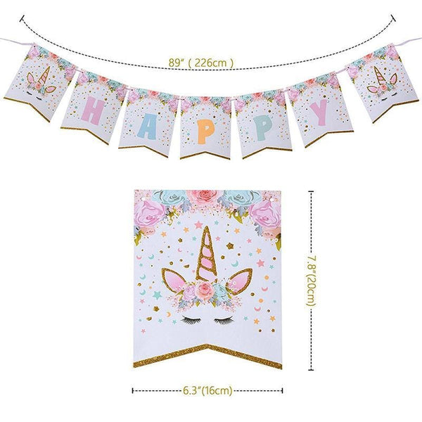 Banner Unicorn Happy Birthday White flowers - Basics.Pk