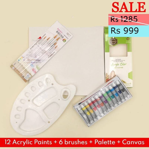 Art Pack of 20 - Acrylic Paint (12ml) + 8x8" Canvas + 6 Transparent Brushes + Pallet