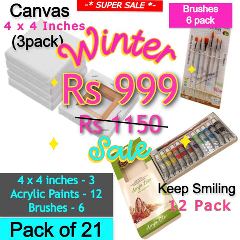 Art Pack of 21 - 12 Keep Smiling Acrylic Paints + 3 Canvases + 6 brushes