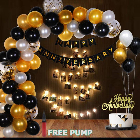Anniversary Balloon Pack - Foil H-Anniversary + Golden + Black + Clip Lights