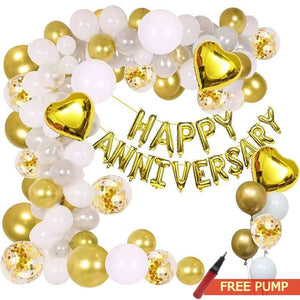 Anniversary Balloon Pack - Foil H-Anniversary & Heart Balloons + Confetti, White & Silver balloons ( FREE PUMP )
