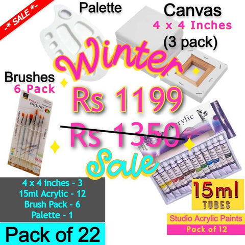Art Pack of 22 Acrylic Paints (15ml) + 4x4" Canvas + pack brushes + Palette