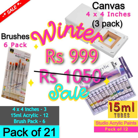 Art Pack of 21 - Acrylic Paint (15ml) + 4x4" Canvas + 6 pack brushes