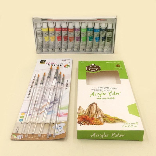 Art Pack of 12 Acrylic Paint (12ml) + Brushes 6pcs Transparent