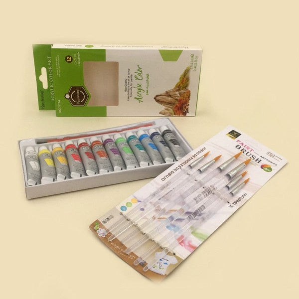 Art Pack of 12 Acrylic Paint (12ml) + Brushes 6pcs Transparent