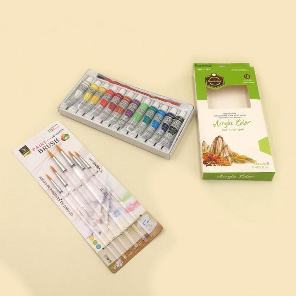 Art Pack of 12 Acrylic Paint (12ml) + Brushes 6pcs Transparent