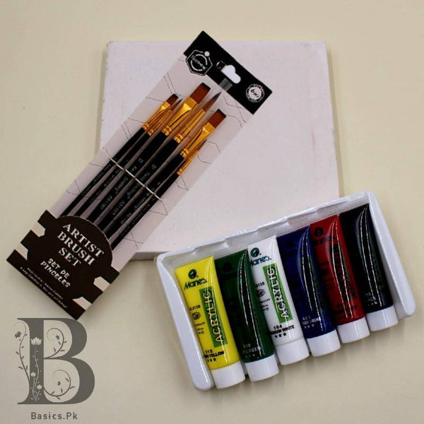 Art Pack 6 Acrylic paints + Canvas + Brushes ( mix or Round )