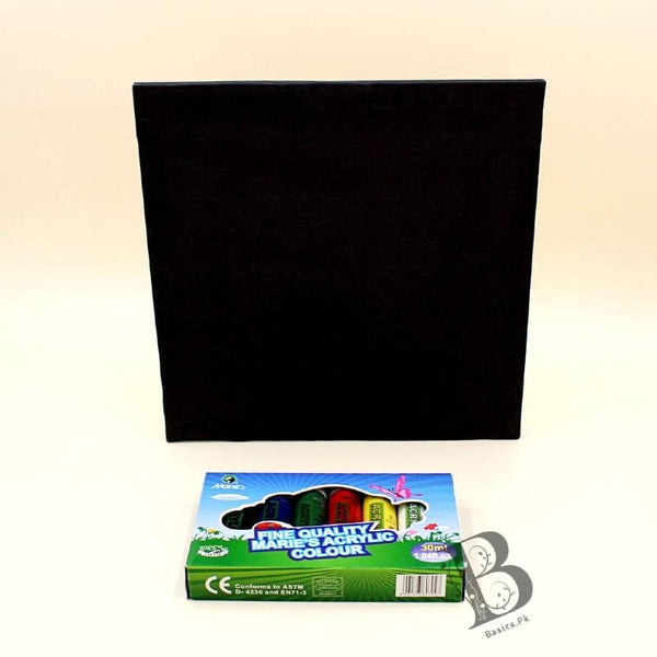 Art Pack MARIES 6 Acrylic Paints [30ml] + Chinese Cloth Canvas 11" x 11" - Black Color - Basics.Pk