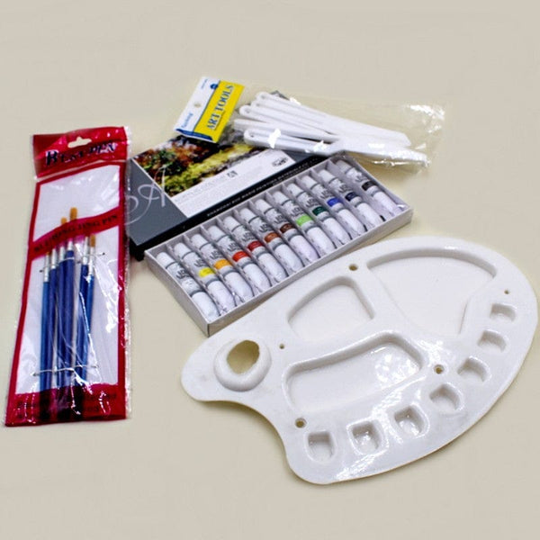 Art Pack MARIES 12 Acrylic Paints + Palette + Knifes + Round 6 Brushes