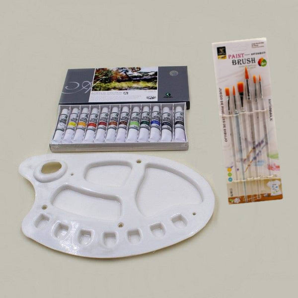 Art Pack MARIES 12 Acrylic Paints + Palette + Round 6 Brushes
