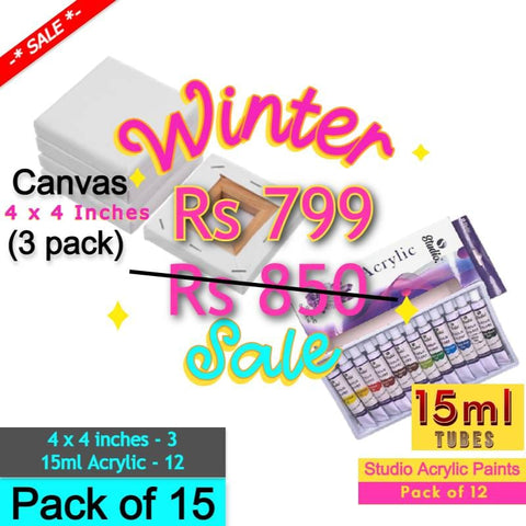 Art Pack of 15 - Studio Acrylic Paint (15ml) + 4x4" Canvas
