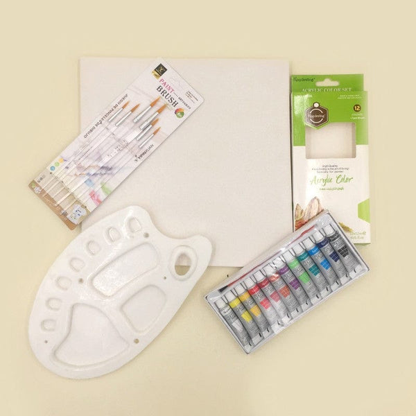 Art Pack of 20 - Acrylic Paint (12ml) + 8x8" Canvas + 6 Transparent Brushes + Pallet