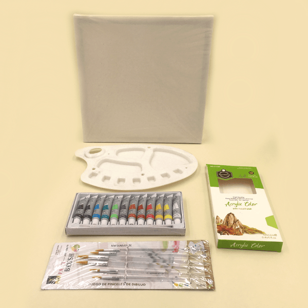 Art Pack of 20 - Acrylic Paint (12ml) + 8x8" Canvas + 6 Transparent Brushes + Pallet