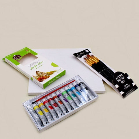 Art Pack of 19 - Acrylic Paint (12ml) + 8x8" Canvas + 6 Mix Brushes