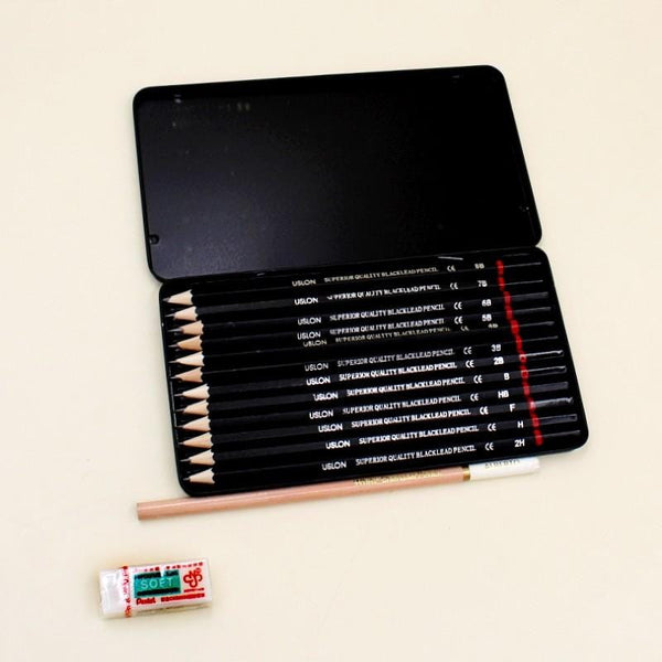 Art Pack of Art Pencil Tin Box + White Charcoal Pencil + Pentel Eraser - Basics.Pk