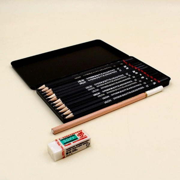 Art Pack of Art Pencil Tin Box + White Charcoal Pencil + Pentel Eraser - Basics.Pk