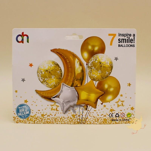 Balloons Foil Golden Moon with Stars, Confetti and Latex Balloon - Pack of 7 - Basics.Pk