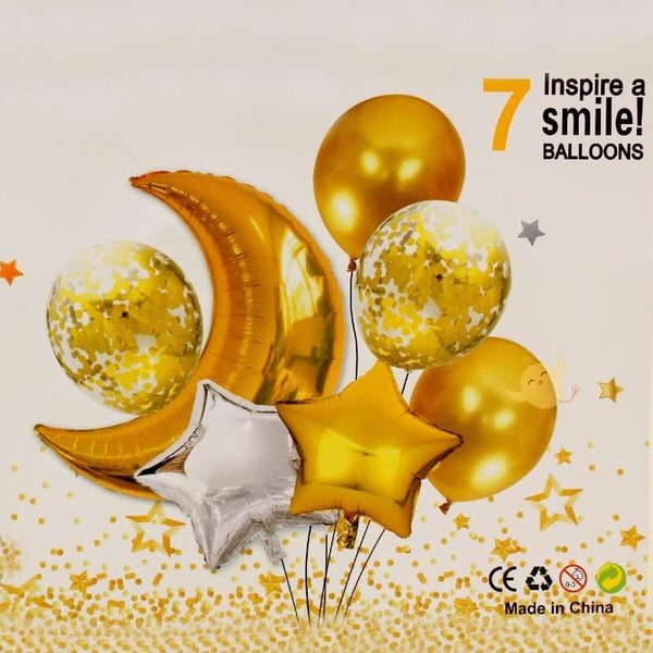 Balloons Foil Golden Moon with Stars, Confetti and Latex Balloon - Pack of 7 - Basics.Pk