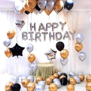 Balloons Bunch Foil Heart/Star Black,Silver&Gold (Happy Birthday balloons) Pack - Basics.Pk