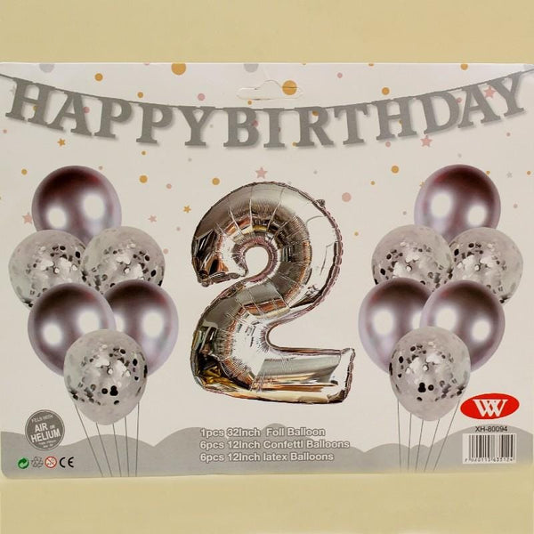 Balloons Metallic + Confetti + 32" Number 2 Silver ( pack of 13 ) - Basics.Pk