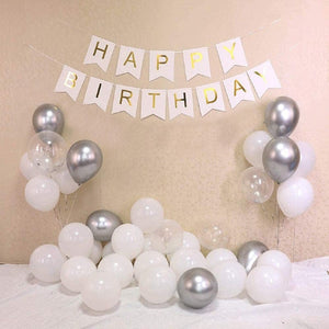 Balloons Bunch Metallic Silver + Confetti + White + HBD banner